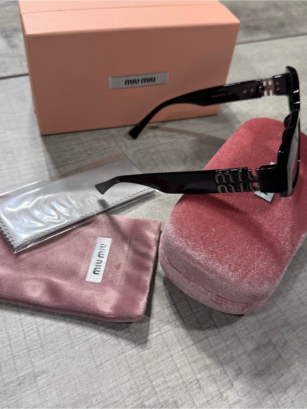 Miu Miu Black Sunglasses with Pink Velvet Case and Pouch